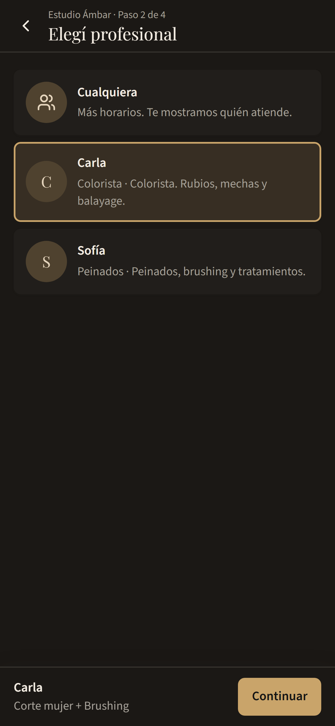 Elegir profesional o Cualquiera, para ver más horarios.