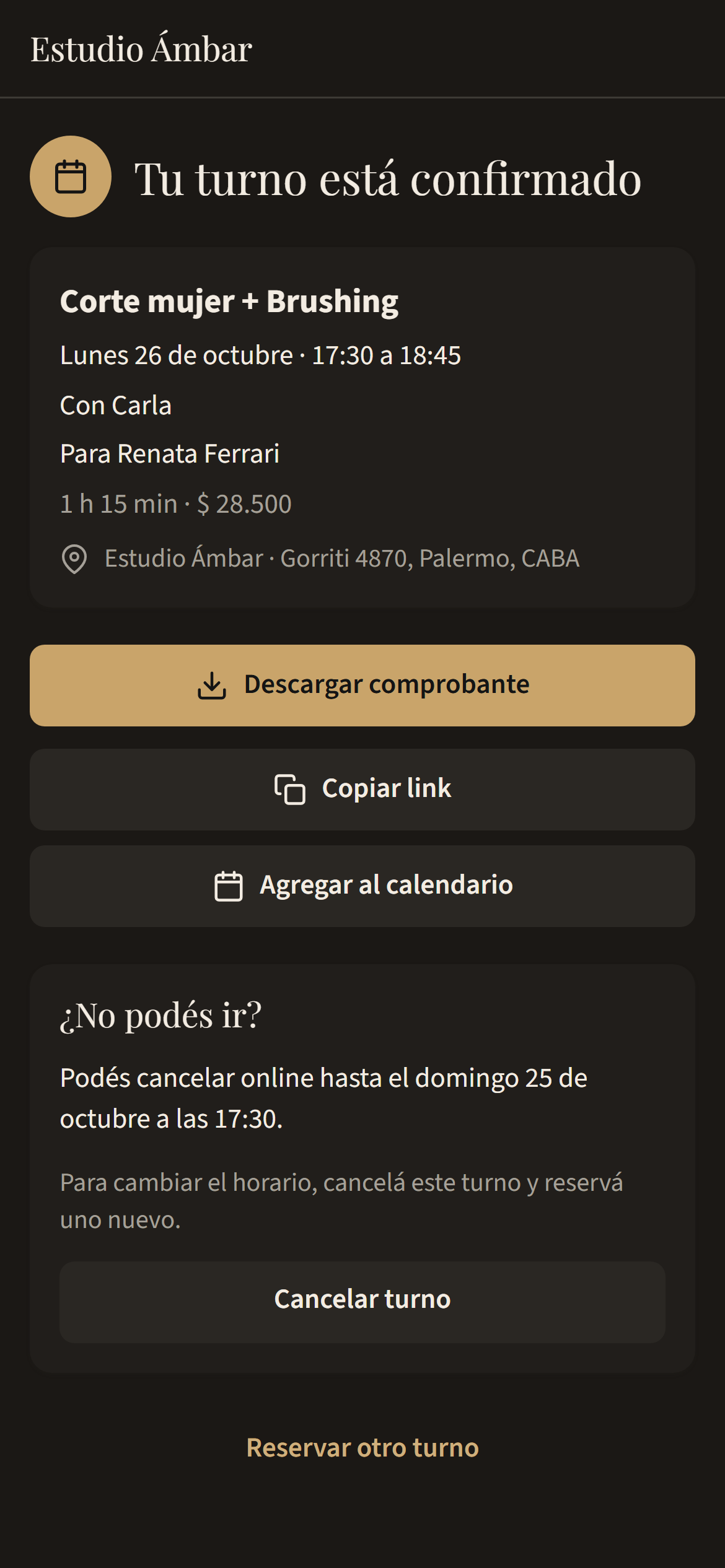 La página del turno para verlo o cancelarlo sin llamar, así el hueco vuelve a la venta con tiempo.
